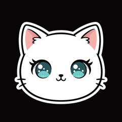 Adorable White Cat Head with Big Anime Eyes Cartoon Character Sticker: Cute Feline Pet Mascot for Sweetness and Kawaii Style