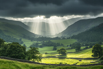 Golden sun rays breaking through storm clouds over lush green valley after heavy rain