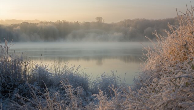 Majestic morning fog enveloping a serene lake with frost-laden trees and lush vegetation, seasonal change