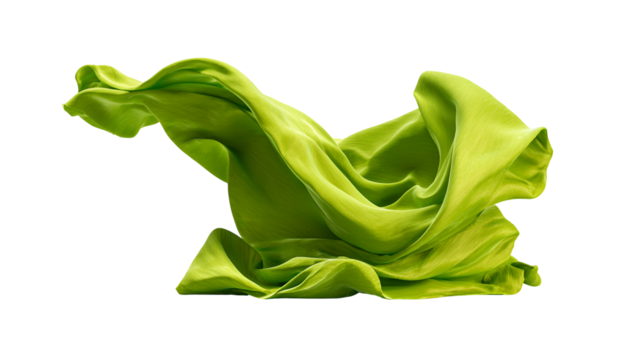 Flowing green fabric with elegant folds and curves isolated on transparent background