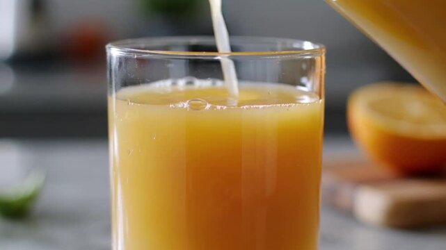 Close up of citrus juice being poured into glass healthy vitamin C breakfast drink concept