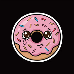 Crying Pink Donut with Sprinkles Cartoon Character Sticker: Sad Sweet Dessert Mascot for Guilt, Indulgence, and Sugar Craving