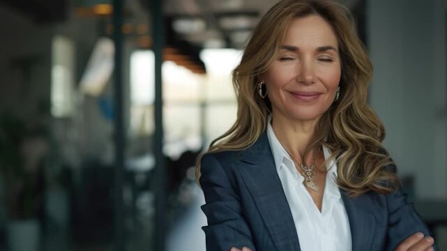 Video A professional woman standing with her arms crossed, looking confident and ready for the day