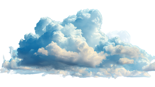 A fluffy cumulus cloud with bright white and blue tones isolated on transparent background
