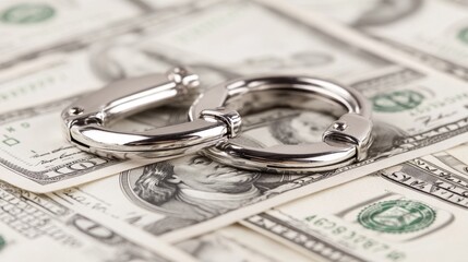 Handcuffs symbolize restraint and control on a backdrop of dollar bills conveying themes of money, power, and limitation in a vibrant composition