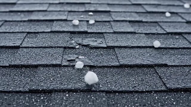 Close up view of large hailstones falling and bouncing on asphalt roof shingles during a severe weather storm, causing damage