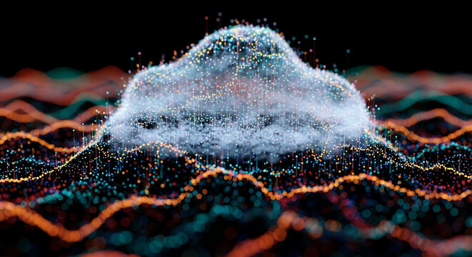 Abstract cloud formation with glowing particles and wavy lines on a dark background design ai generated - Powered by Adobe