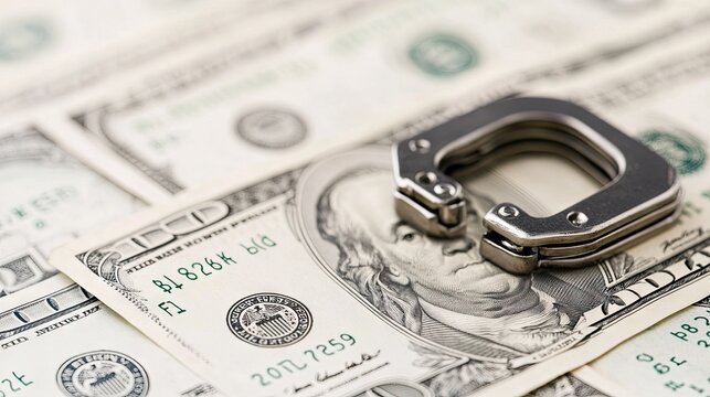Handcuffs restraining dollar bills symbolize financial control and restriction against a clean white background