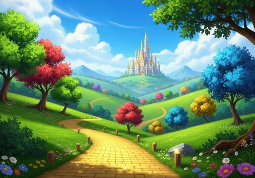 Magical fairy tale castle on rolling green hills with colorful trees and golden path