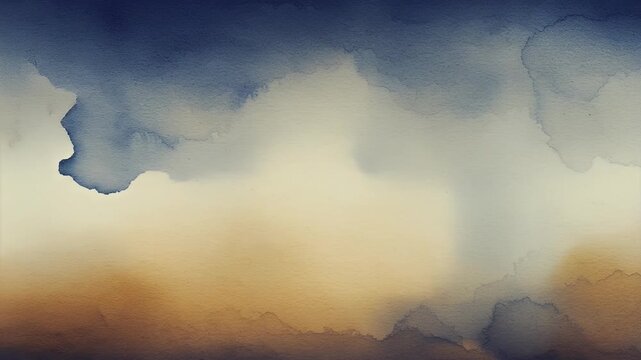 Seamless looping slow-motion video mimicking watercolor paint bleeding, with soft diffusion of indigo blue and warm golden-beige gradients.