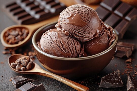 Close-up of three rich chocolate ice cream scoops in a brown bowl surrounded by chunks of dark chocolate and cocoa beans on wooden spoons creating a cozy and indulgent atmosphere