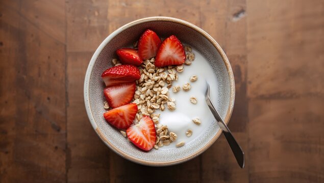 Granola bowl topped with strawberries and oat milk on a wooden surface, nutritious breakfast choice