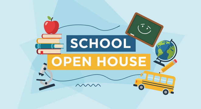 School Open House with Apple, Books, Microscope and Bus Illustration