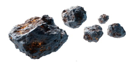 Collection of realistic asteroid fragments isolated on transparent background