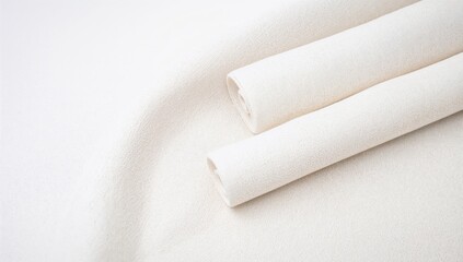 Fototapeta premium Linen fabric rolls arranged on a white background, ideal for textile projects