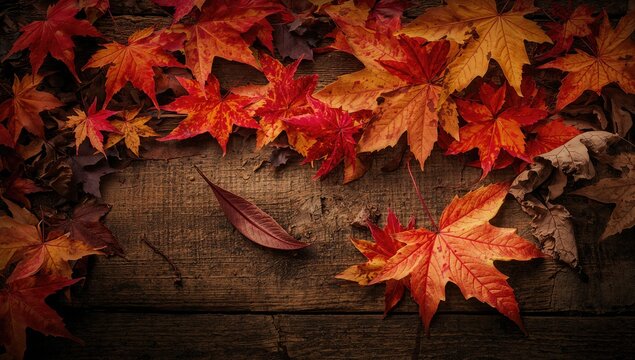 Colorful autumn maple leaves on a wooden surface, seasonal change