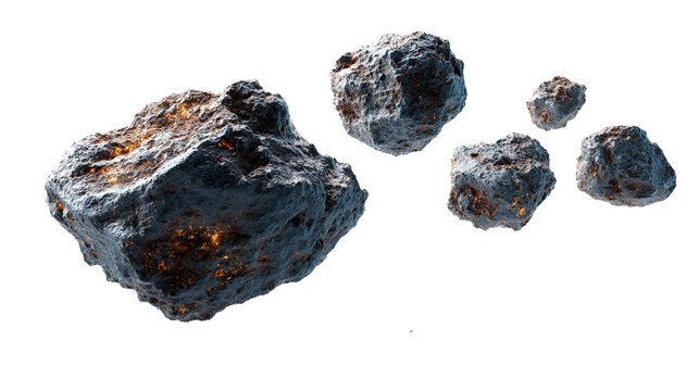 Collection of realistic asteroid fragments isolated on transparent background