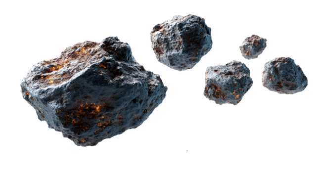 Collection of realistic asteroid fragments isolated on transparent background
