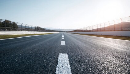 Deserted long asphalt racing circuit far away, lacking any visible start or finish marks