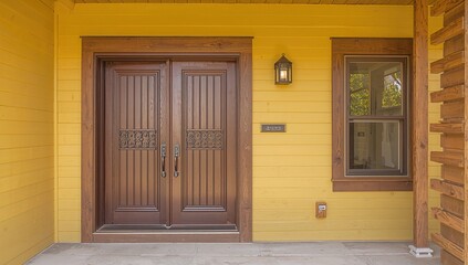 Fototapeta premium Access to a yellow house featuring dual brown metal doors and a window