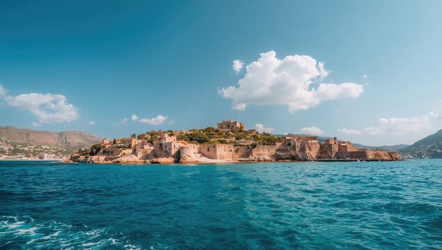 Scenic outlook of a small island surrounded by ocean under a clear sky in summer