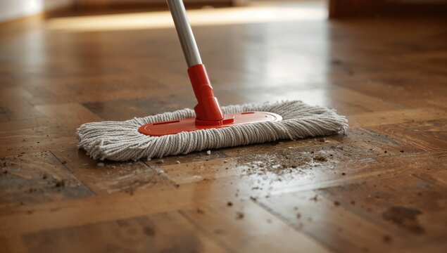 Background of a mop cleaning a dirty wooden floor, maintenance task