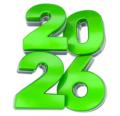 Shiny neon green 3D number 2026 with metallic chrome edges, isolated on a white background for calendar representation.