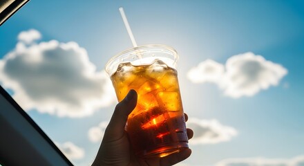 Refreshing iced tea in hand against a bright blue sky with fluffy clouds