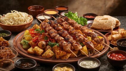 Obraz premium Grilled skewers featuring beef and chicken alongside potatoes, onions, mushrooms, and bread, a protein-rich meal.