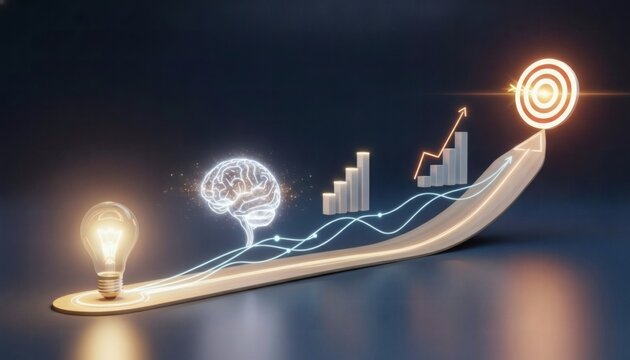 Innovation and business growth concept – brainpower, growth analytics, and strategic achievement path