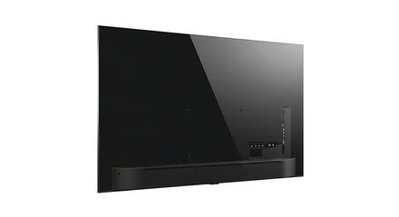 A rear view of a black flat screen television with a soundbar against a white background in a studio ai generated