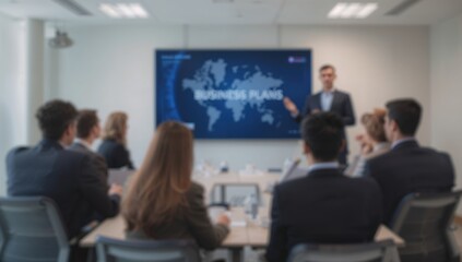 Fototapeta premium Blurred image of professionals engaged in a strategic meeting, focus on teamwork and collaboration