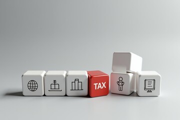 A red cube labeled "TAX" leans against a row of white cubes featuring icons representing global trade, real estate, shipping, logistics, and people  symbolizing the role of taxation in economic activi