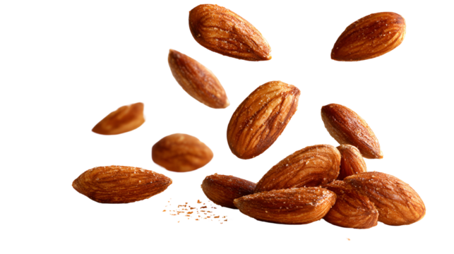 Scattered almonds falling and tumbling in mid air isolated on transparent background