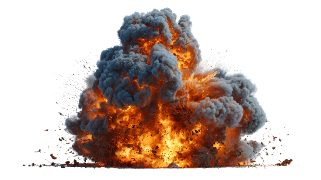 Intense fiery explosion with smoke and debris isolated on transparent background