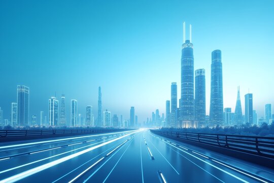 A futuristic city skyline bathed in cool blue light, with glowing highways stretching into the horizon beneath towering skyscrapers  a vision of advanced urban life and technology-driven architecture.