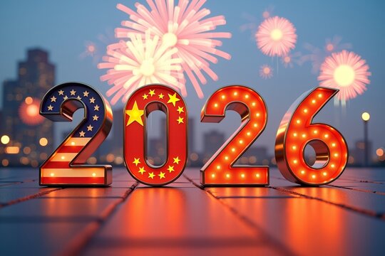 A festive 2026 New Year countdown featuring illuminated numbers with the American and Chinese flags, set against a city skyline fireworks display  symbolizing global celebration and unity in the new y - Powered by Adobe