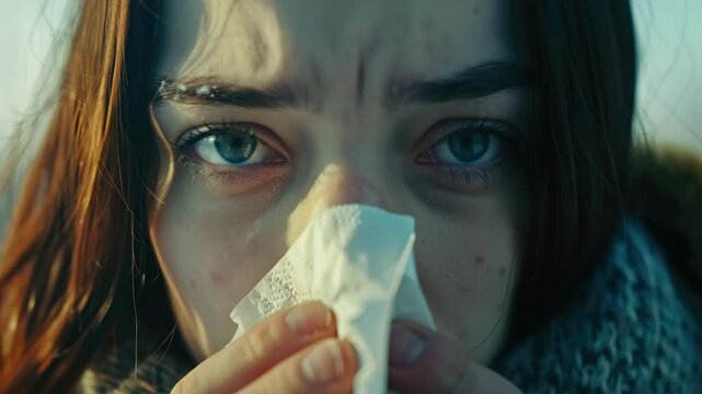 This is a stock of a woman with red eyes and tears crying into a tissue. She appears to be emotionally distraught or upset. The setting seems to be outdoors.
