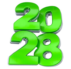 Vibrant 3D Year 2028: Neon Green Glossy Numbers with Chrome Edges, Isolated New Year Concept Rendering.
