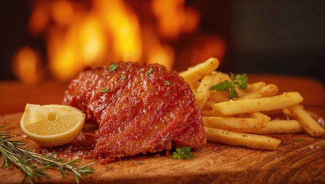 Fried pork skin crackling pancetta pururuca served with lemon and fries, protein-rich meal, culinary tradition