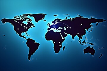A futuristic world map with glowing light points and connecting lines, symbolizing global connections or data flow against a deep blue gradient background.