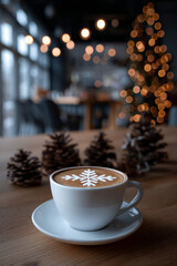 Cozy Caf&eacute; Winter Flat Lay coffee shop seasonal menu banner, cup of latte with snowflake art on foam, ambient wood table 