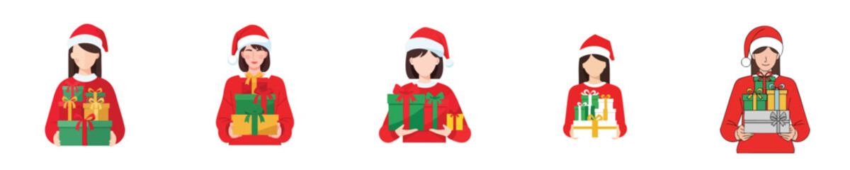 Christmas Present Woman Carrying Stack of Wrapped Gifts Flat Vector Illustration Set