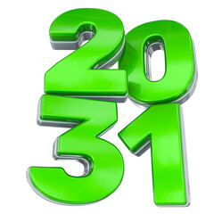 Glossy Neon Green 2031 Year Number with Silver Chrome Trim, Isolated 3D Illustration