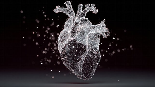 Digital wireframe representation of a human heart floats against a dark background with dissipating particles