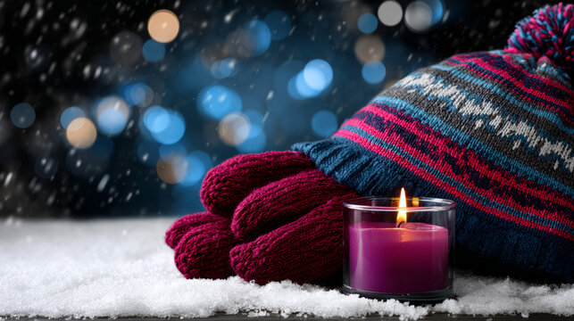 charity winter fundraiser visual, pair of gloves and hat on snow