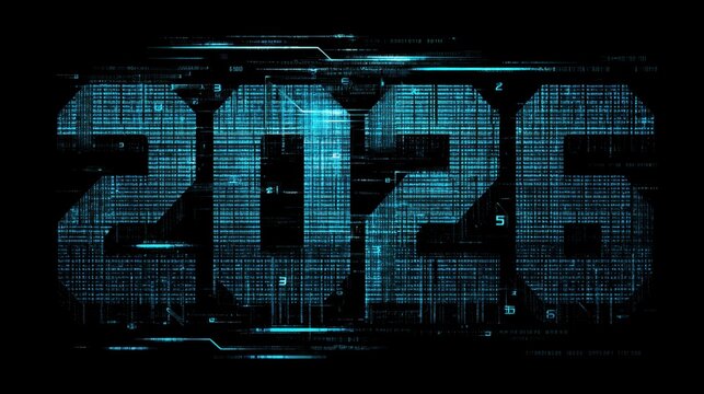 Futuristic Blue Digital Display Representing the Year 2026 with High-Tech Patterns and Numeric Elements on a Dark Background