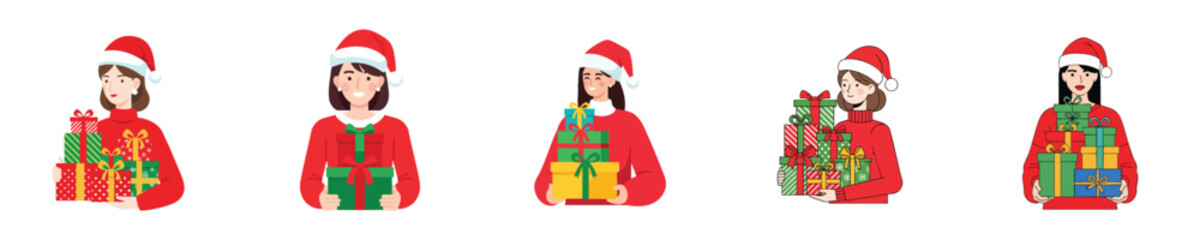 Female Shopper Carrying Christmas Gift Boxes Wearing Santa Hat Flat Vector