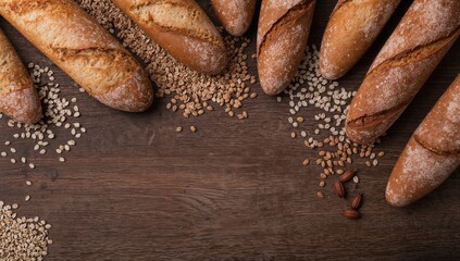 Overhead shot of freshly baked baguettes and assorted grains on a rustic wooden surface