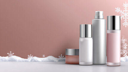 Winter Glow Skincare Flat Lay Holiday sale at a beauty clinic, minimalist skincare bottles, matte snow border, soft pastel background